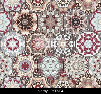 Set of vector seamless arabic patterns. Collection of hexagonal ceramic tiles in shades of red and brown. Decorative and design elements for textile,  Stock Vector