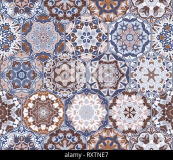 Eastern seamless pattern tiles. Colorful vector set of hexagonal elements for design of wallpaper, fabric or wrapping paper. Stock Vector