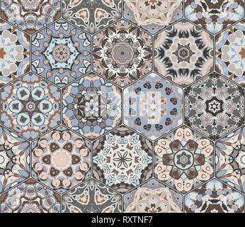 A rich set of hexagonal ceramic tiles. Eastern colored carpet. Colorful elements in oriental style. Vector illustration. Stock Vector