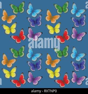 Iridescent butterflies on blue background pattern vector Stock Vector