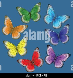 Iridescent butterflies on blue background pattern vector Stock Vector