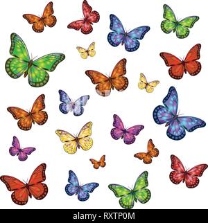 multi-colored small and large butterflies on a white background Stock Vector