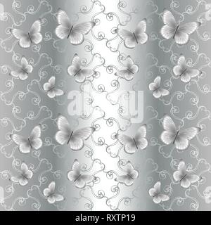 Silver butterflies on a gray background with ornament Stock Vector