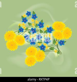 Dandelions and forget me not flowers green background Stock Vector