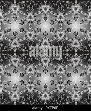 Abstract seamless pattern with white floral ornaments on a gray and black background. Stock Vector