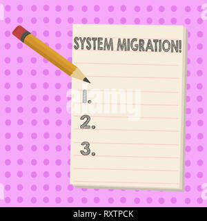 Writing note showing System Migration. Business concept for Moving programs to another platform Stock Photo