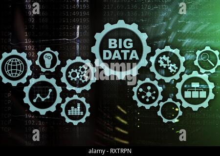 Big Data Concept of hi tech and innovation in business and production. Virtual screen on data center server background. Stock Photo