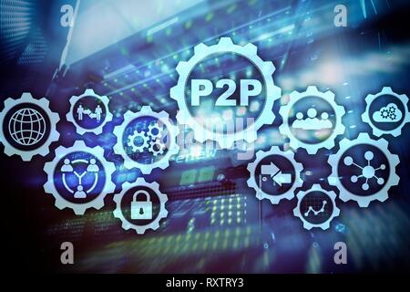 Peer to peer. P2P on the virtual screen with a server room background. Stock Photo