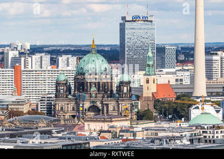 Berlin, Germany - September 22, 2017: Classic aerial view of Berlin skyline with famous TV tower (Fernsehturm) at Alexanderplatz and Berliner Dom. Sum
