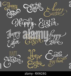 Easter lettering emblems. Happy spring easters texts, ostern calligraphy hand drawn elements for springtime business celebration cards, vector illustr Stock Vector
