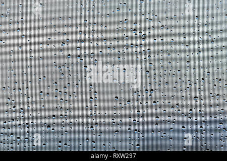 Raindrops on a window screen form an abstract background Stock Photo