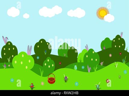 Spring vector landscape. Illustration with bushes, hills with flowers, bunny ears and colorful eggs, sky, green grass. Festive Easter party background Stock Vector