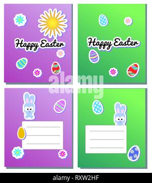 Set Vector Happy Easter Card Templates with stickers eggs, bunnies, flowers, sun. Illustration for spring greeting cards and invitations. Green and Stock Vector