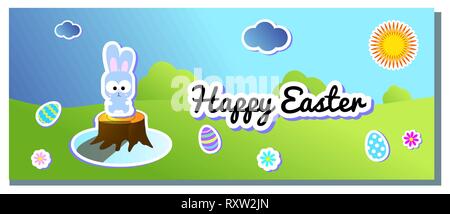 Vector horizontal landscape for Happy Easter with painted eggs and rabbit. Bunny and eggs sticker. Decoration hills and sky. Illustration holiday Stock Vector
