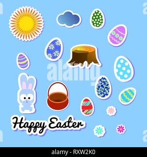 Set of Easter greeting stickers with bunny, flowers, eggs, cloud, sun, stump and basket. Clip-art scrapbooking elements, labels, badges with cute Stock Vector