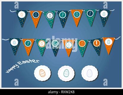 Vector Easter garlands with triangular flags, eggs, hearts and bunnies. Illustration for easter cards and invitations. Gray, orange, green grass Stock Vector