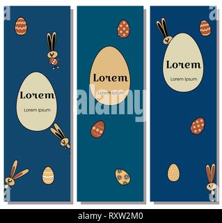 Set illustration for happy easter banner character gray hare. Vector rabbits and brown eggs with ornament on dark blue background. Big egg place for Stock Vector