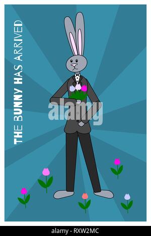 Poster design with a rabbit and a bouquet of tulips. The inscription Rabbit has arrived. Gray hare in a black tuxedo on a blue striped background Stock Vector