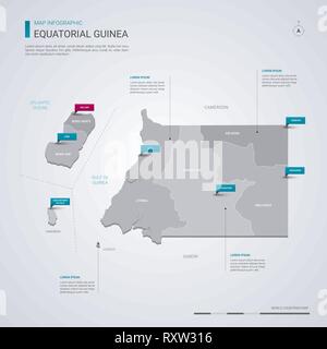 Equatorial Guinea vector map with infographic elements, pointer marks. Editable template with regions, cities and capital Malabo. Stock Vector