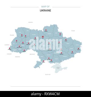 Ukraine vector map. Editable template with regions, cities, red pins and blue surface on white background. Stock Vector