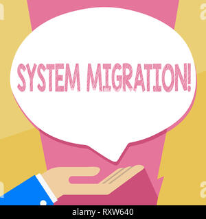 Writing note showing System Migration. Business concept for Moving programs to another platform Stock Photo