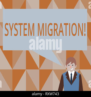 Writing note showing System Migration. Business concept for Moving programs to another platform Stock Photo