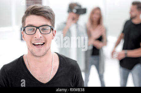 Business team using virtual reality headset in office meeting. Stock Photo