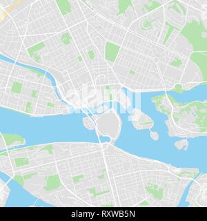 Downtown vector map of Stockholm, Sweden. This printable map of Stockholm contains lines and classic colored shapes for land mass, parks, water, major Stock Vector