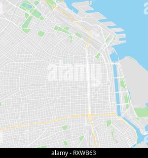 Downtown vector map of Buenos Aires City, Argentina. This printable map of Buenos Aires City contains lines and classic colored shapes for land mass,  Stock Vector