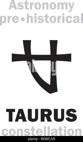 Astrology Alphabet: TAURUS (The Divine Bull / The Plougher), one of the three Ancient pre-historical Neolithic constellations. Hieroglyphic symbol.