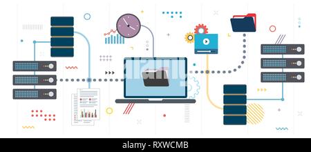 Transfer data network documents and data backup. File sharing,  shared data and documents.Template in flat design for web banner or infographic in vec Stock Vector