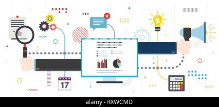 Business, communication and growth report. Idea and strategy communication for growth and new investments. Template in flat design for web banner or i Stock Vector