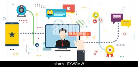 Performance analysis and customer service internet. Customer testimonials, vote and feedback, rating and liked. Template in flat design for web banner Stock Vector