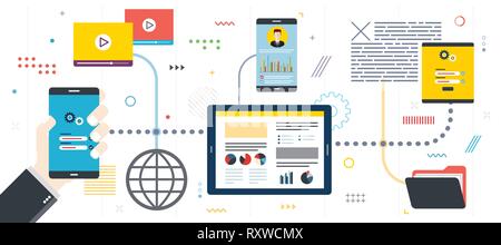 Security analysis and project management. Performance analysis, smartphone with data, application developments.Template in flat design for web banner  Stock Vector