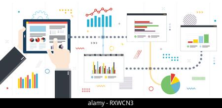 Finance investment planning with analytics chart. Chart or diagram in application for monitoring with growth report. Template in flat design for web b Stock Vector