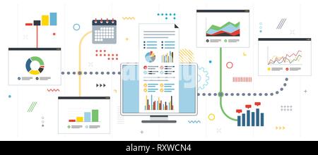 Strategy and monitoring  of gains in financial market.  Chart or diagram in application for monitoring with growth report. Template in flat design for Stock Vector