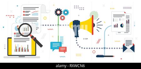 Marketing strategy  and investment planning. Data analysis, digital marketing and business marketing. Template in flat design for web banner or infogr Stock Vector
