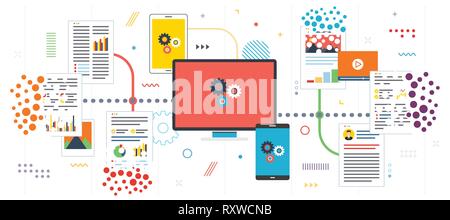 Deleting system data and computer network. Organize paperwork and files, eliminate trash.Template in flat design for web banner or infographic with ic Stock Vector
