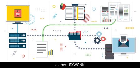 Network computers, cloud computing and data server. Computers and laptop accessing server files in network. Template in flat design for web banner or  Stock Vector