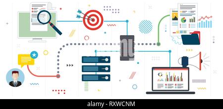 Business intelligence, network computers, cloud computing and data network. Laptop accessing server files in network. Flat design for web banner or in Stock Vector