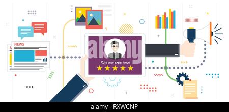 Rating system on tablet screen with stars. Feedback and qualification in chat, social media, marketing, photos and email in flat design for web banner Stock Vector