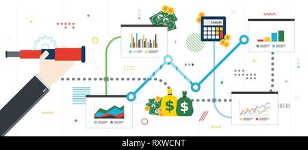 Financial investment, growth,  success and earning money. Business prediction and vision concept. Hand with lunette analyzing investment charts. Flat  Stock Vector