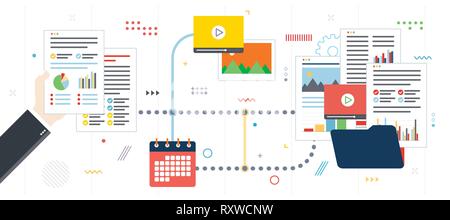 Business paperwork organization, data file, video and photo. Hands with data sheets in analysis. Contract agreement signature. Flat design for web ban Stock Vector