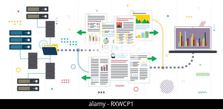 Cloud storage, backup and file sharing. Data server access, file access and data sharing. Flat design for web banner in vector illustration. Stock Vector