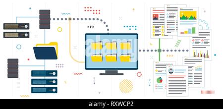 Data server, secure connection and file transfer. Cloud storage, backup and file sharing. Data server access, file access and data sharing. Flat desig Stock Vector