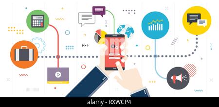 Smartphone security and communication in social media. Mobile phone on login screen. Smartphone application icons connected by lines. Flat design for  Stock Vector