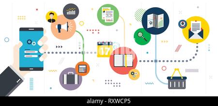 Business in social media, communication and marketing. Mobile phone on login screen. Smartphone application icons connected by lines. Flat design for  Stock Vector