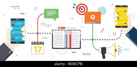 Message application, communication in smartphone, sharing of data files.Concept of business and communication, social media and internet. Flat design  Stock Vector