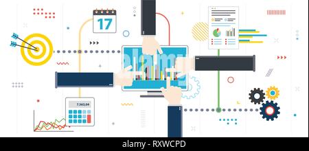 Successful business and earnings strategy,  financial investment, analytics with growth report. Success in business and startup. Flat design for web b Stock Vector