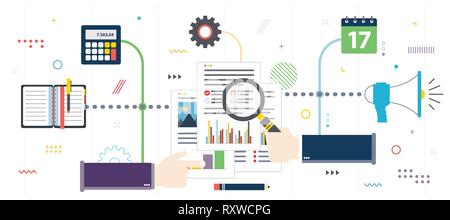 Financial statistics, tax profit and loss chart. Calculations of rate, investment and tax. Analysis of documents with charts. Flat design for web bann Stock Vector